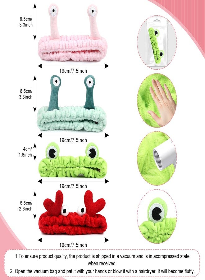 HIKIMA 4 Pack Face Wash Headband Facial Makeup Skincare Headbands, Elastic Coral Fleece Spa Hairband for Washing Face, Cartoon Fun Frog Snail Crab Hair Accessories - Image 2